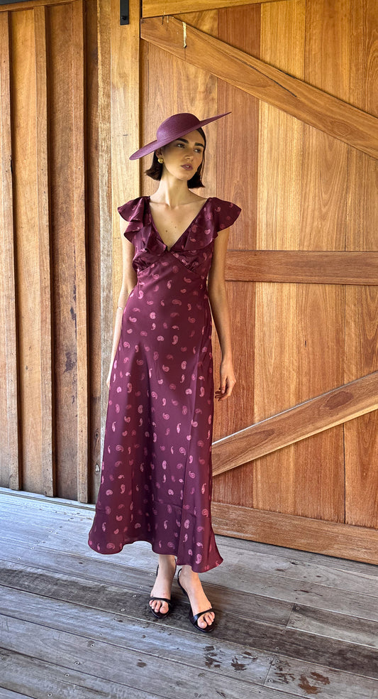 Wine Satin Paisley Ruffled Bias Midi Dress