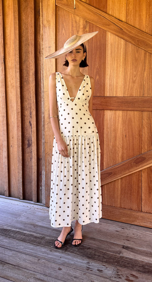 Drop Waist Midi Dress in Chocolate Spot