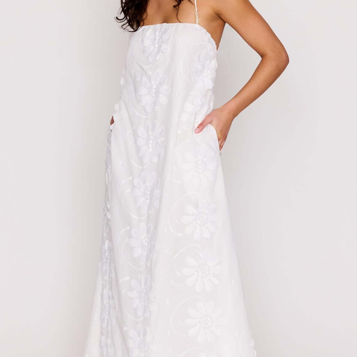 White Cotton Floral Applique Lace-Back Maxi Dress featuring delicate straps and intricate floral design.