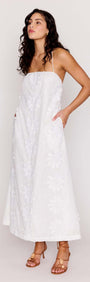 White Cotton Floral Applique Lace-Back Maxi Dress featuring delicate straps and intricate floral design.
