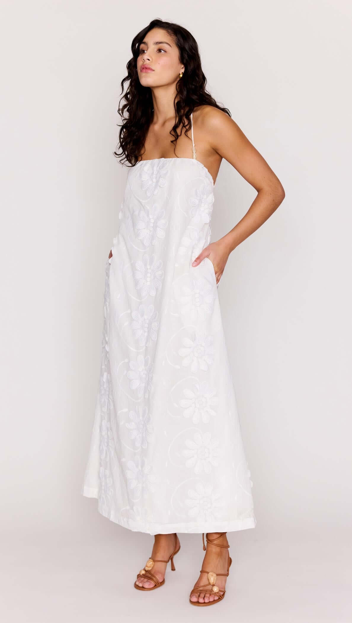White Cotton Floral Applique Lace-Back Maxi Dress featuring delicate straps and intricate floral design.