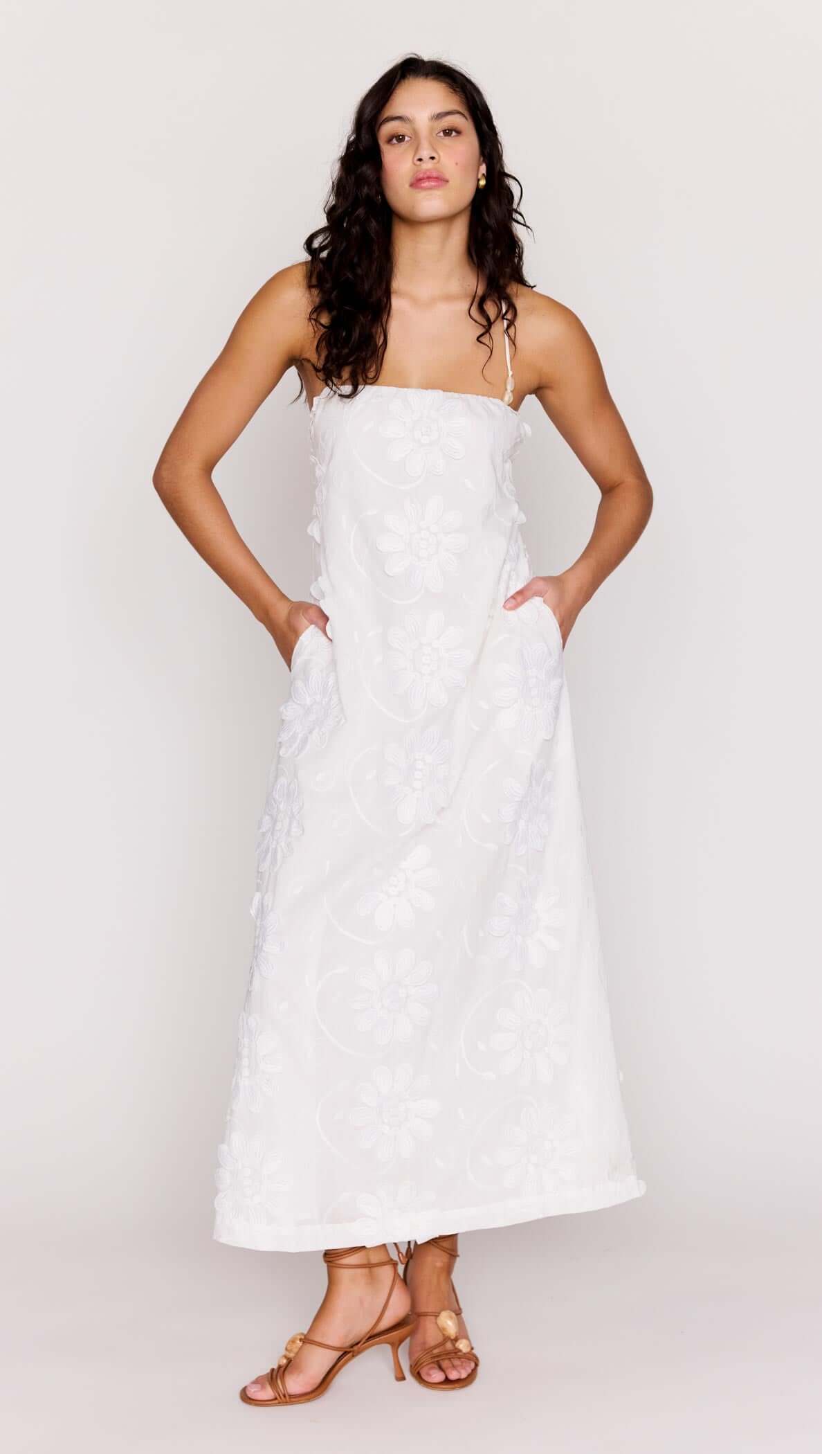 White Cotton Floral Applique Lace-Back Maxi Dress on model with pockets and delicate straps, perfect for summer.