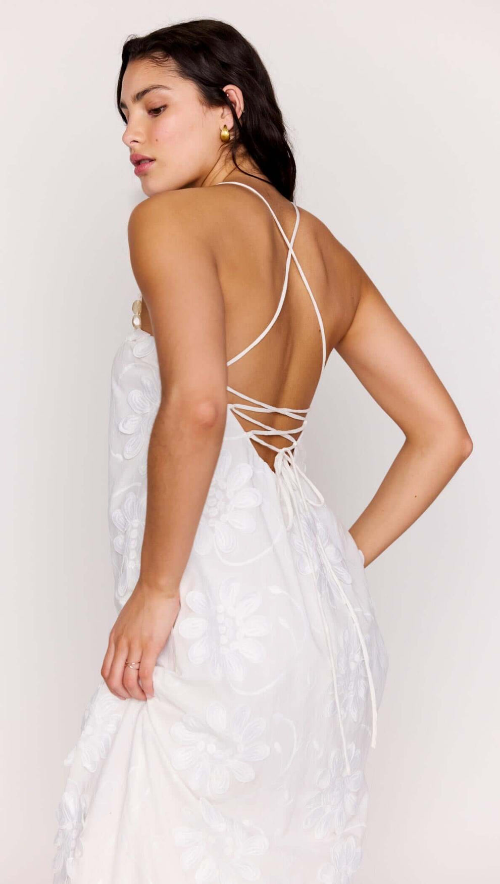 White Cotton Floral Applique Lace-Back Maxi Dress featuring a stunning lace-up back and floral details.