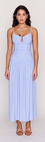 Model wearing a Powder Blue Mesh Drop Waist Maxi Dress featuring a ruched bodice and keyhole detail.
