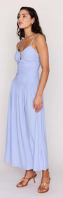 Model wearing a Powder Blue Mesh Drop Waist Maxi Dress with ruched bodice and keyhole detail.