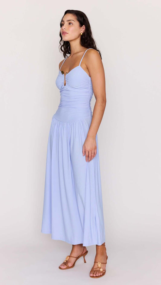 Model wearing a Powder Blue Mesh Drop Waist Maxi Dress with ruched bodice and keyhole detail.
