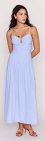Model showcasing the Powder Blue Mesh Drop Waist Maxi Dress with a ruched bodice and keyhole detail.