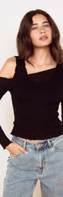 Model wearing a Black Asymmetric Layered Mesh Top with denim jeans, showcasing its stylish design and cropped hem.
