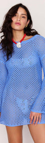 Blue Cotton Crochet Knit Mini Dress worn by a model, showcasing its open-knit design and relaxed silhouette.