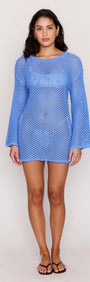 Blue Cotton Crochet Knit Mini Dress modeled by a woman with relaxed fit and long sleeves, perfect for warm weather styling.