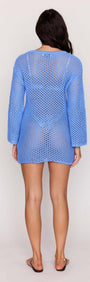 Blue Cotton Crochet Knit Mini Dress showcasing a back view, featuring open-knit design and long sleeves for a breezy look.