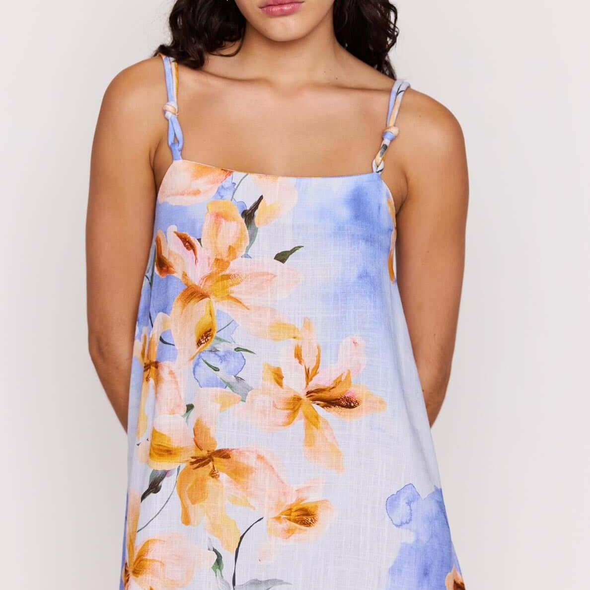 Blue Floral Linen Blend Shift Mini Dress featuring watercolor floral print and knot strap detailing.