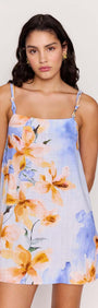 Blue Floral Linen Blend Shift Mini Dress featuring watercolor floral print and knot strap detailing.