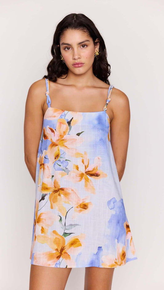 Blue Floral Linen Blend Shift Mini Dress featuring watercolor floral print and knot strap detailing.
