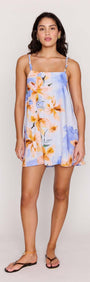 Blue Floral Linen Blend Shift Mini Dress featuring a soft square neckline and floral print design, perfect for summer outings.