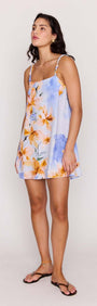 Blue Floral Linen Blend Shift Mini Dress displayed on model, showcasing watercolour floral print and summer style.