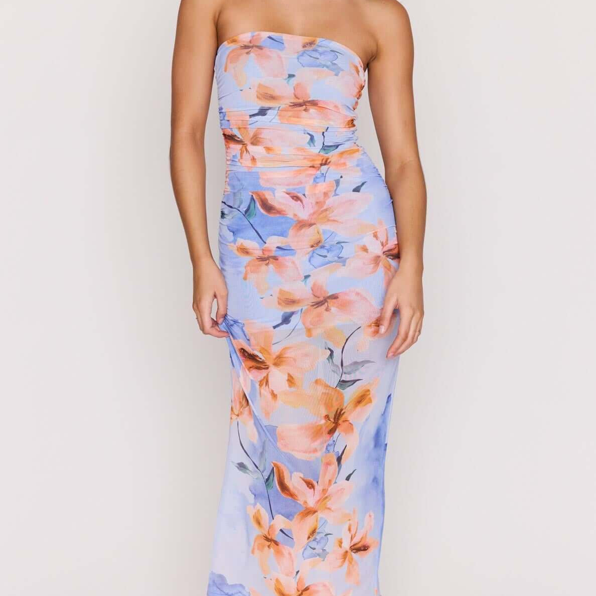 Blue Floral Strapless Mesh Midi Dress on a model with a strapless neckline and floral print for beach-to-evening style.