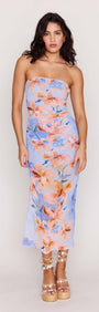Blue Floral Strapless Mesh Midi Dress on a model with a strapless neckline and floral print for beach-to-evening style.