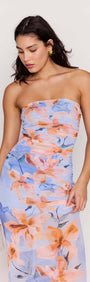 Blue Floral Strapless Mesh Midi Dress worn by a model, featuring soft floral prints and a strapless design.