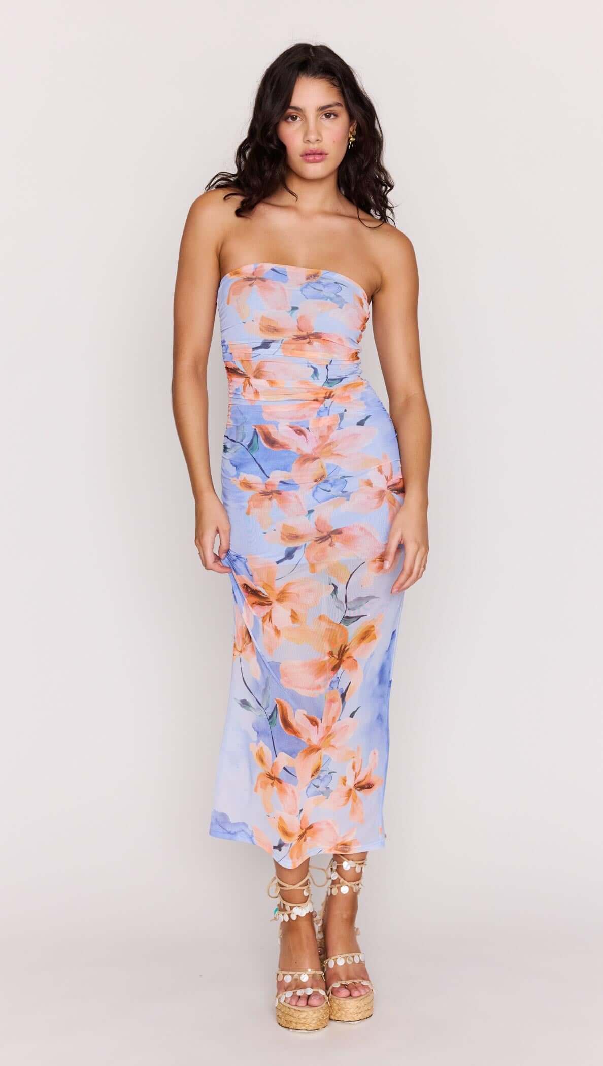 Blue Floral Strapless Mesh Midi Dress on a model with a strapless neckline and floral print for beach-to-evening style.