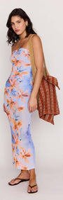 Model wearing a Blue Floral Strapless Mesh Midi Dress with a stylish bag, showcasing a vibrant floral design.