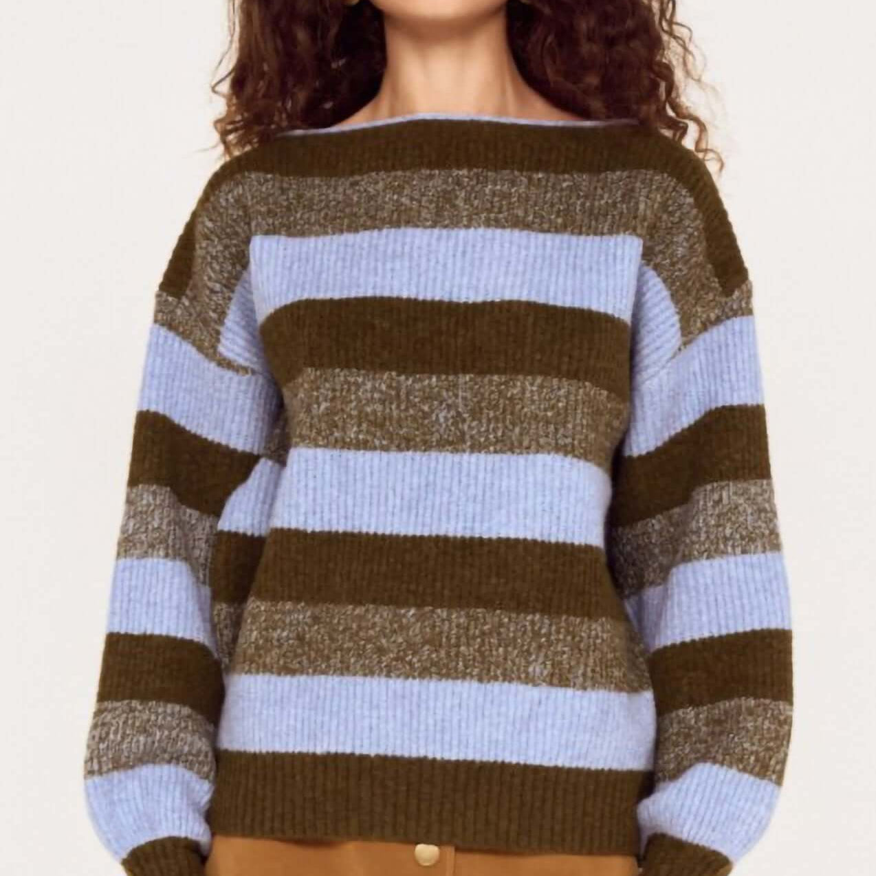 Blue Stripe Soft Boat Neck Jumper displayed on a model, featuring contrasting blue and olive stripes for a stylish look.