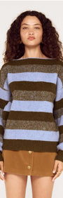Blue Stripe Soft Boat Neck Jumper displayed on a model, featuring contrasting blue and olive stripes for a stylish look.