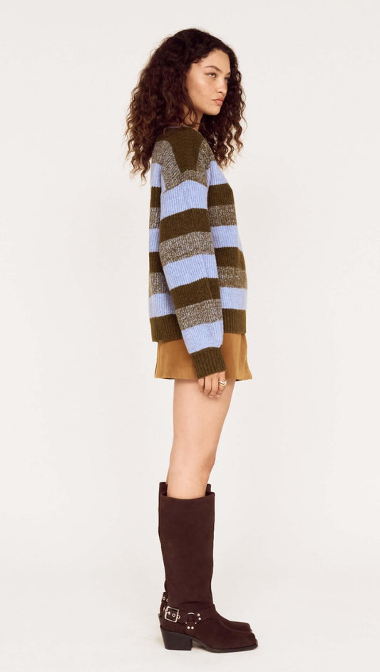 Model wearing a Blue Stripe Soft Boat Neck Jumper with green and blue stripes, styled with a short skirt and knee-high boots.