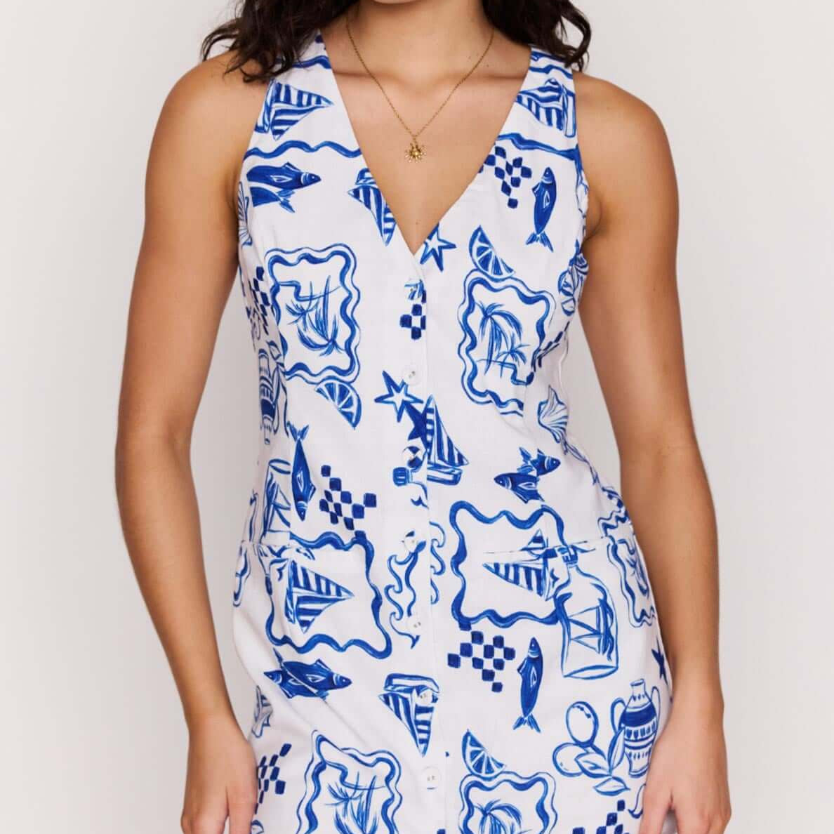 Blue Summer Cotton Blend Button Mini Dress in a vibrant print, perfect for warm-weather outings.