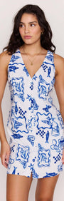 Blue Summer Cotton Blend Button Mini Dress in a vibrant print, perfect for warm-weather outings.