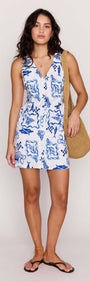 Blue Summer Cotton Blend Button Mini Dress featuring a V-neckline and a fun blue print, perfect for warm weather.