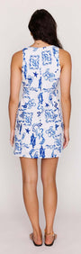 Back view of the Blue Summer Cotton Blend Button Mini Dress showcasing a playful blue print against a white background.