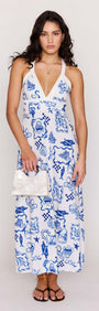 Blue Summer Cotton Blend Halter Neck Midi Dress featuring a printed design and flattering silhouette.