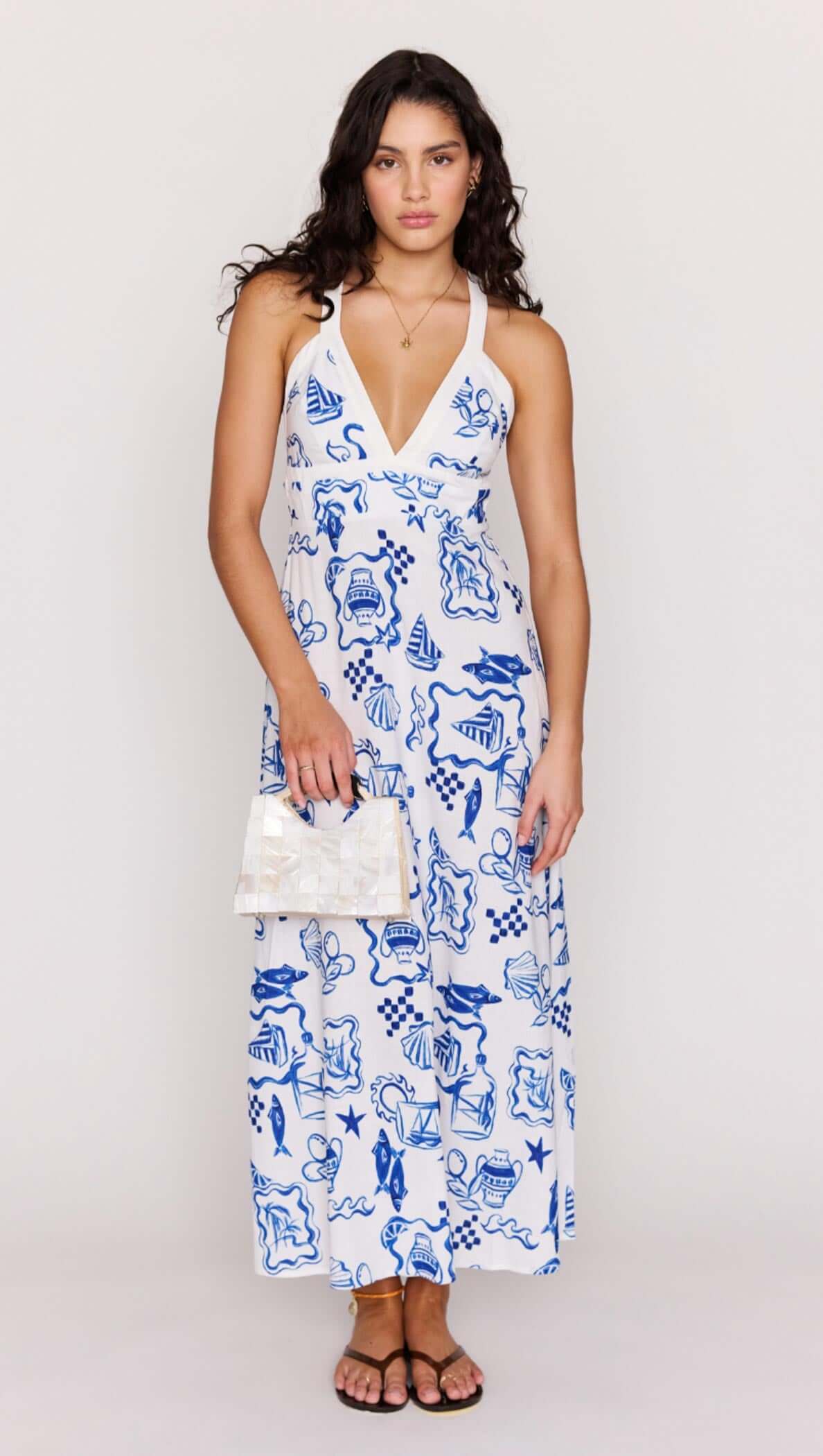 Blue Summer Cotton Blend Halter Neck Midi Dress featuring a printed design and flattering silhouette.