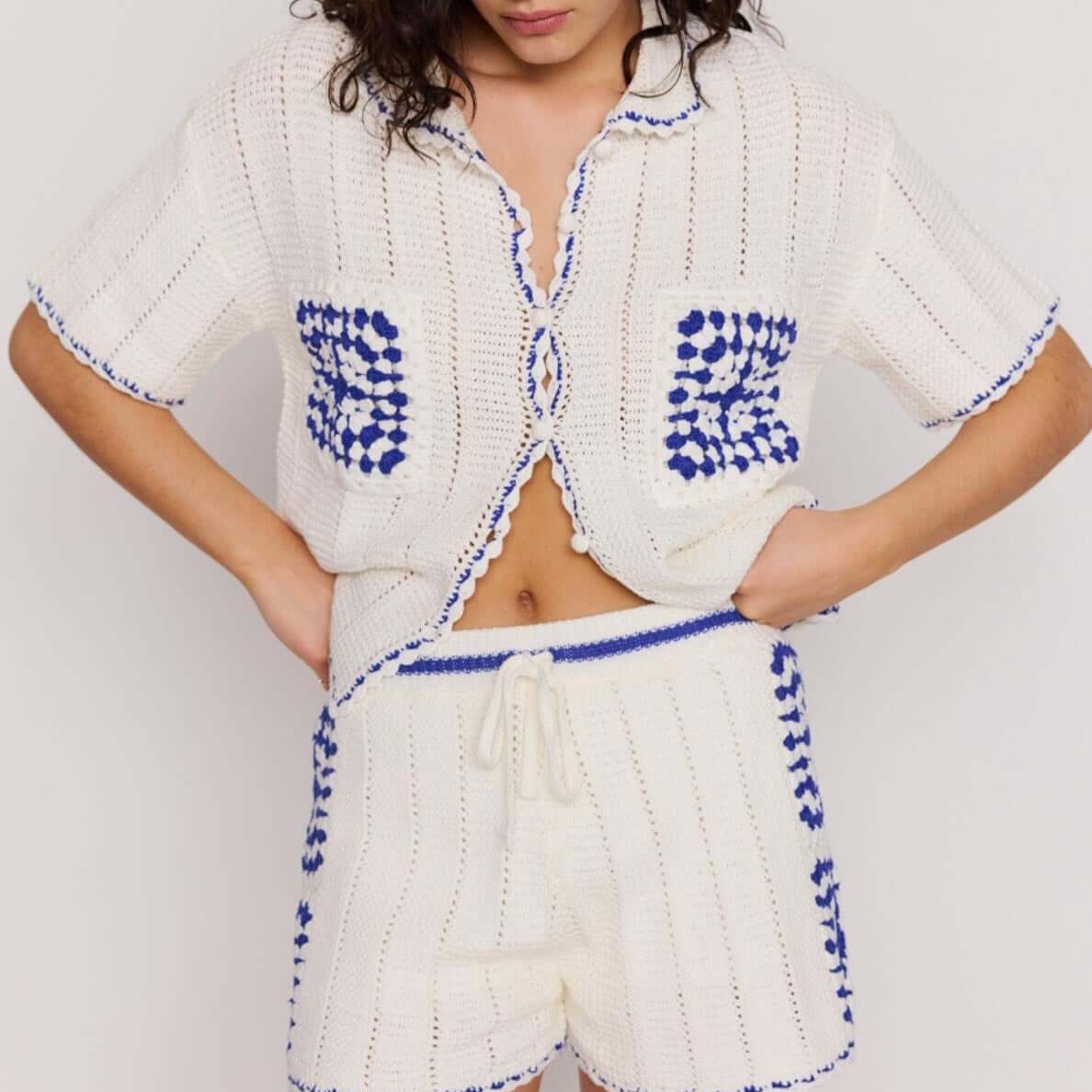 Blue & White Cotton Crochet Knit Shirt modeled with relaxed fit and contrast detailing, perfect for summer styling.