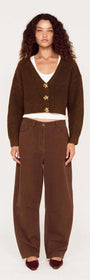 Brown Cropped Cardigan with Gold Button Detail styled with wide-leg pants, perfect for casual layering and everyday wear.
