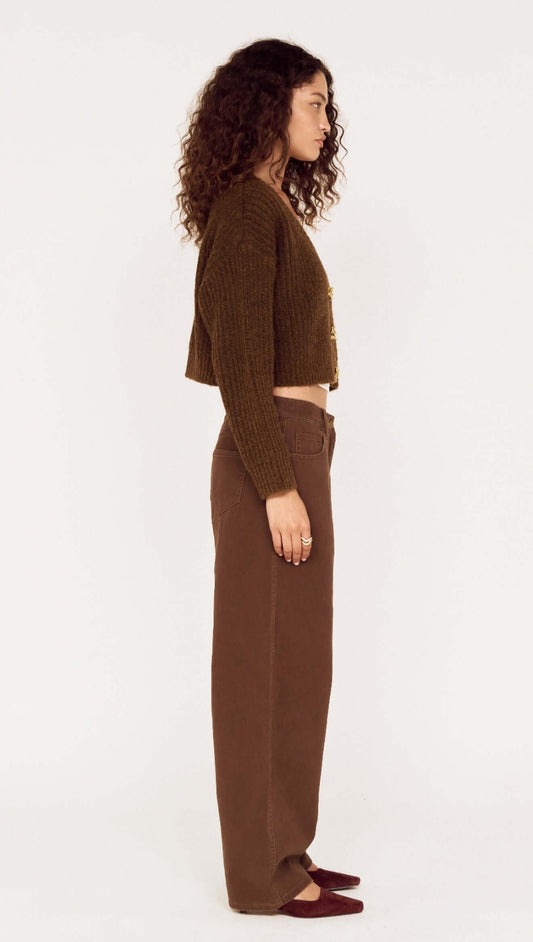 Brown Cropped Cardigan with Gold Button Detail worn by a model, showcasing a side view and styled with matching brown pants.
