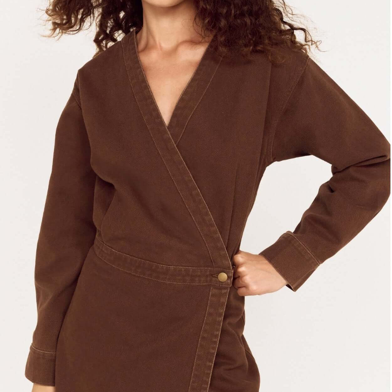Brown Denim Wrap Mini Dress worn by a model, showcasing a modern and stylish look for everyday wear.