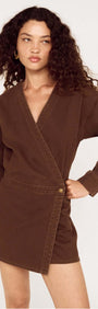 Brown Denim Wrap Mini Dress worn by a model, showcasing a modern and stylish look for everyday wear.