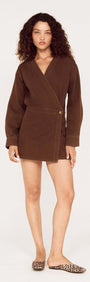 Brown Denim Wrap Mini Dress featuring long sleeves and a stylish button detail, perfect for casual outings.