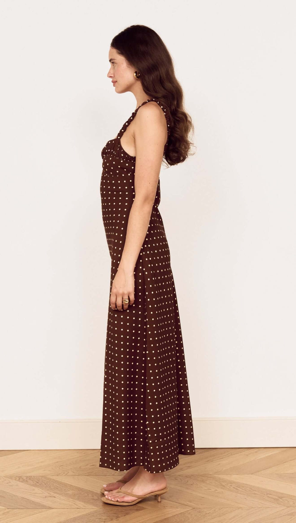 Brown Linen Blend Polka Dot Square Neck Midi Dress worn by a model showcasing its flattering silhouette and design.