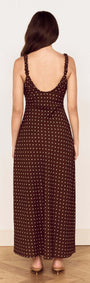 Back view of the Brown Linen Blend Polka Dot Square Neck Midi Dress showcasing its elegant silhouette.