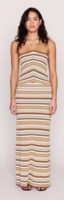 Brown Stripe Knit Strapless Midi Dress showcased on a model, highlighting its flattering ribbed knit and chic design.