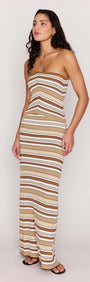 Brown Stripe Knit Strapless Midi Dress on a model, showcasing its chic design and flattering fit.