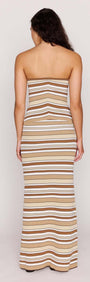 Back view of a model in a Brown Stripe Knit Strapless Midi Dress showcasing its flattering fit and stylish design.