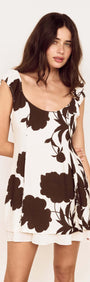 Brown and Cream Floral Layered Mini Dress showcasing a playful fit and flared silhouette with oversized floral print.