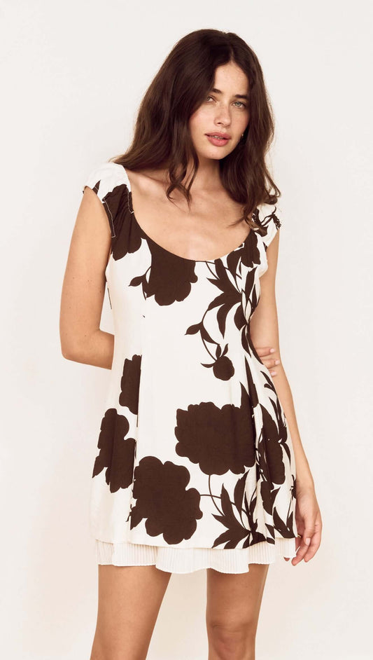 Brown and Cream Floral Layered Mini Dress showcasing a playful fit and flared silhouette with oversized floral print.
