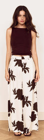 Model wearing Brown and Cream Floral Wide Leg Pant paired with a matching top, showcasing an elegant and relaxed style.