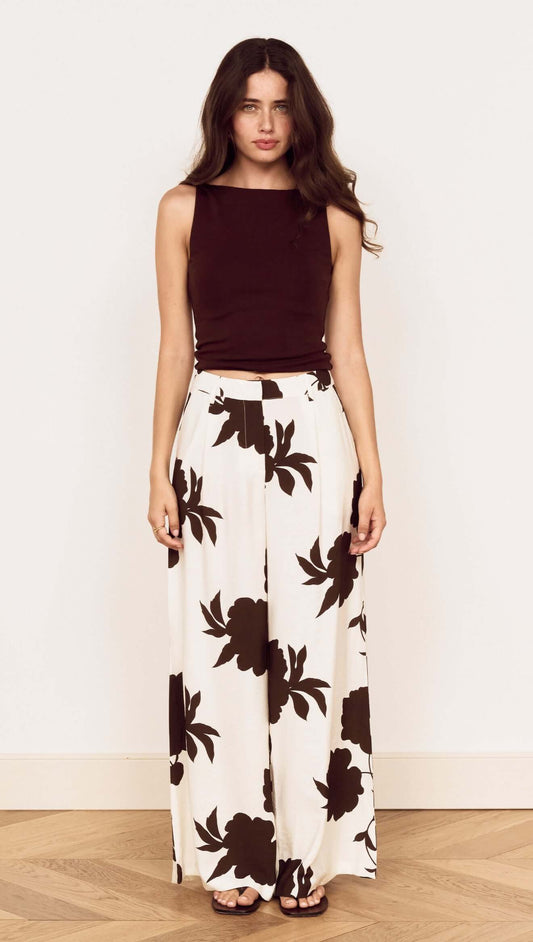 Model wearing Brown and Cream Floral Wide Leg Pant paired with a matching top, showcasing an elegant and relaxed style.