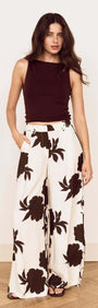 Model wearing Brown and Cream Floral Wide Leg Pant with a matching top and relaxed fit, showcasing floral print style.